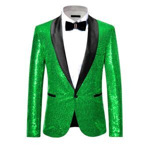 Sequin Sport Coats Shawl Lapel One Button Wedding Shiny Blazer Green